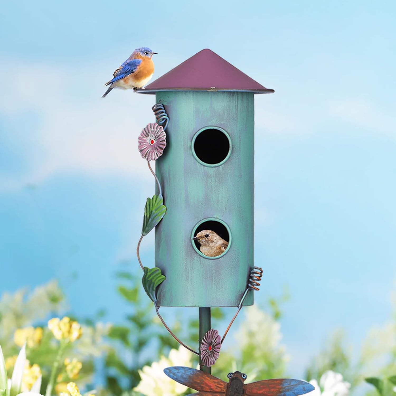 BAYN 57” Bird Houses Stake for Outside, Metal Wild Bird Feeder Double-Hole Birdhouse Stake with Cylinders Design Outdoor Decorations for Patio, Backyard, Garden