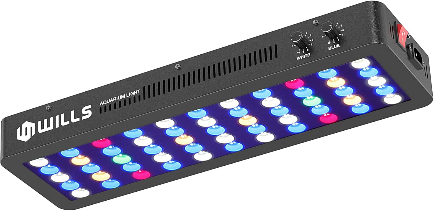 WILLS Full Spectrum Aquarium Light, Reef Lights for Coral with Dual Dimmable Channels, 55 Premium SMD Chips, Daisy Chain Design, Hanging Saltwater Fish Tank Light for SPS/LPS Coral Reef (165W/Black)