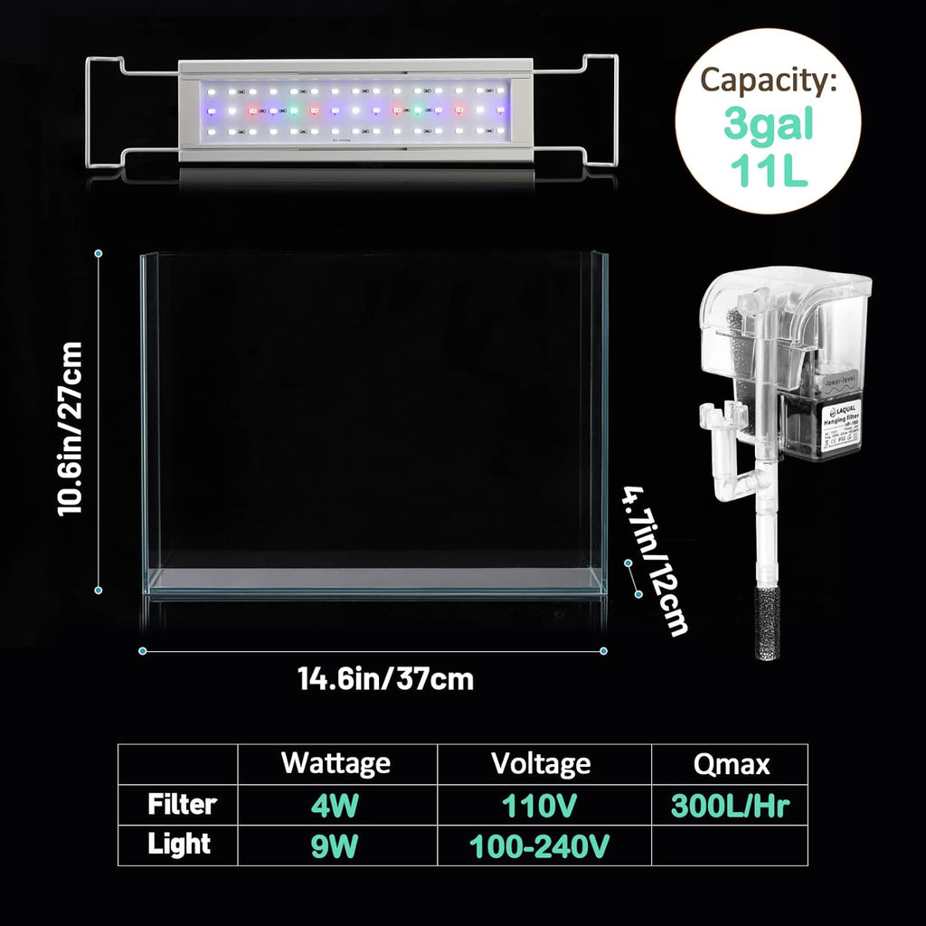 Rimless Glass Aquarium Starter Kit (3 Gal), Ultra Clear Low Iron Glass Fish Tank Set, Small Beta Fish Tank & Filter with Surface Skimmer & 3-Mode LED Light