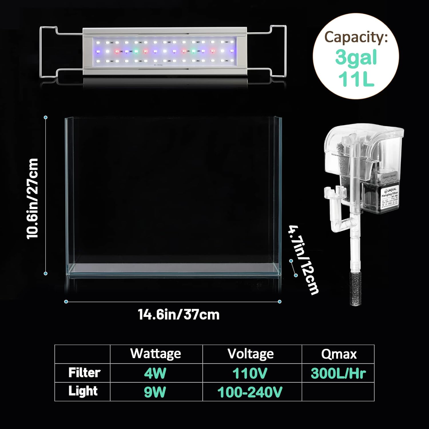 Rimless Glass Aquarium Starter Kit (3 Gal), Ultra Clear Low Iron Glass Fish Tank Set, Small Beta Fish Tank & Filter with Surface Skimmer & 3-Mode LED Light