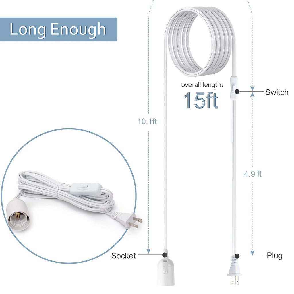 UL 15Ft Extension Hanging Lantern Cord Cable JACKYLED 4-Pack 360W with E26 E27 Socket On/Off Button Pendant Lighting