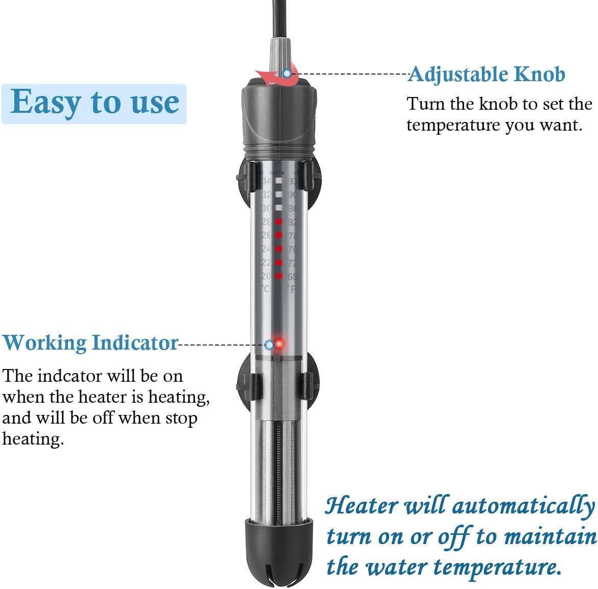 HITOP 25W 50W Adjustable Aquarium Heater, Submersible Fish Tank Heater Thermostat with Suction Cup (25W)