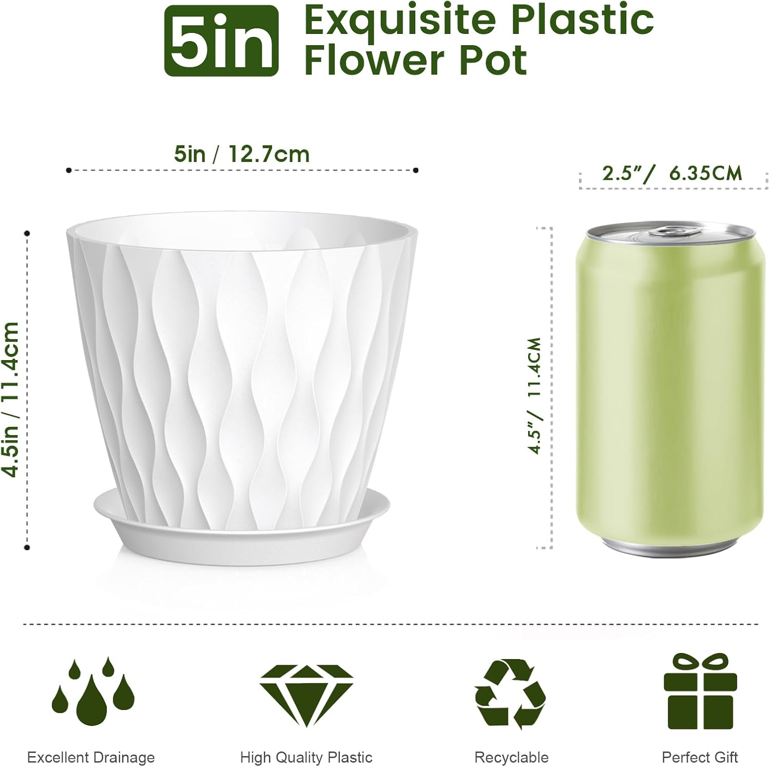 5 inch Plant Pots for Indoor Outdoor Plants, 6 Pack Thick Nursery Pots with Drainage Holes and Saucers, 3D Modern Wave Texture Small Plastic Planter Flower Pots for Succulent, Herb, White