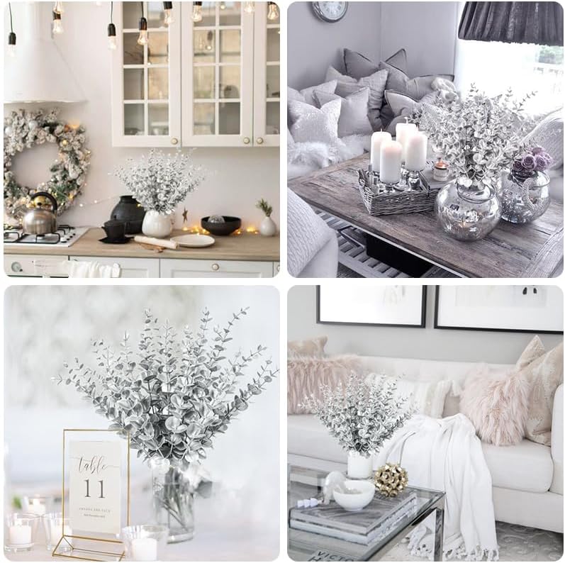 RECUTMS 36Pcs Silver Eucalyptus Leaves Stems 15 inch Artificial Eucalyptuses Leaf Branches Faux Flower Bouquet for Winter Wedding Centerpiece Floral Arrangement Christmas Picks Office Home Table Decor