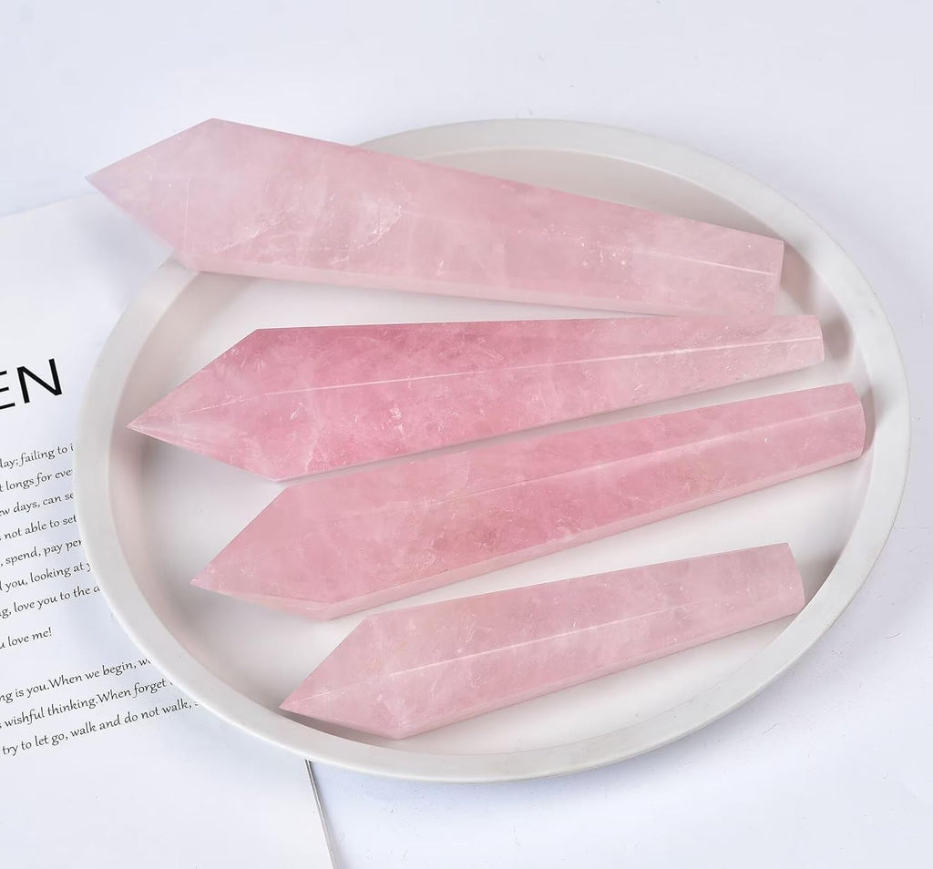 Rose Quartz Wand Point Long Healing Crystal Scepter Decorative Stone Reiki Meditation with Display Stand Home Office Decor 0.4-0.6LBS