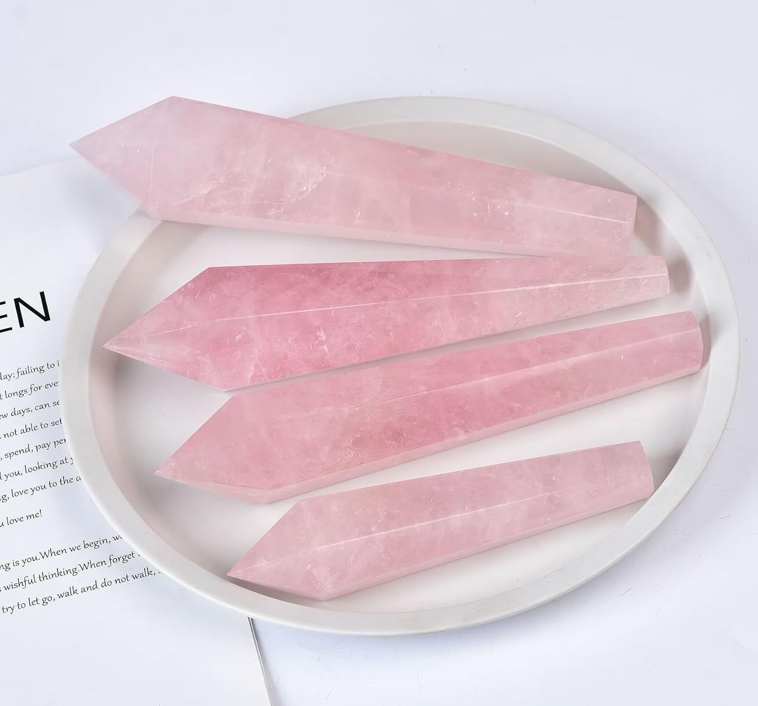 Rose Quartz Wand Point Long Healing Crystal Scepter Decorative Stone Reiki Meditation with Display Stand Home Office Decor 0.4-0.6LBS