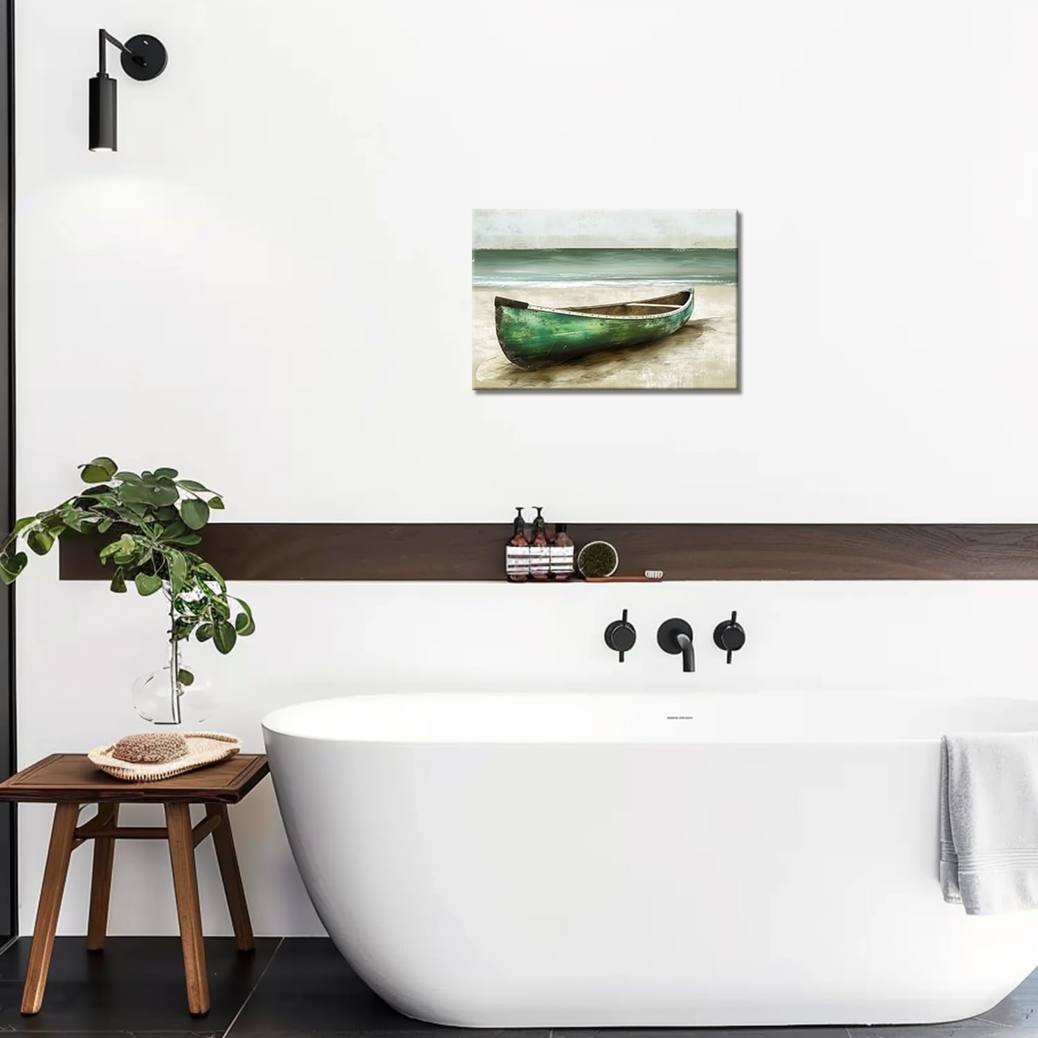 Beach Boat Pictures Wall Art Abstract Green Canoe Boat on Beach Print Painting Rustic Ocean Landscape Textured Seascape Artwork for Bathroom Office Living Room Decor