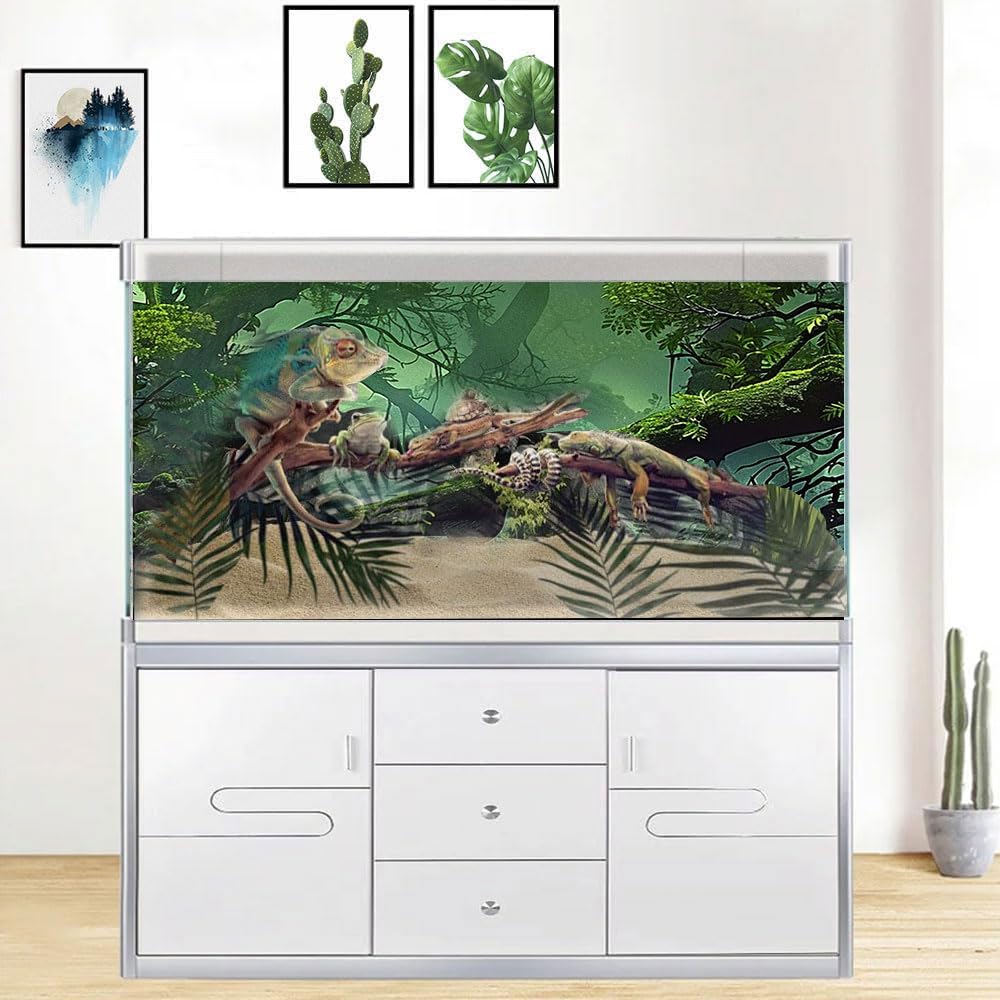 Foggy Forest Terrarium BackgroundStone Green Tree Tropical Reptile Habitat Rainforest Aquarium Background, Polyester Background 6 EVA Double-Sided Tapes 36x18 inches/90x45