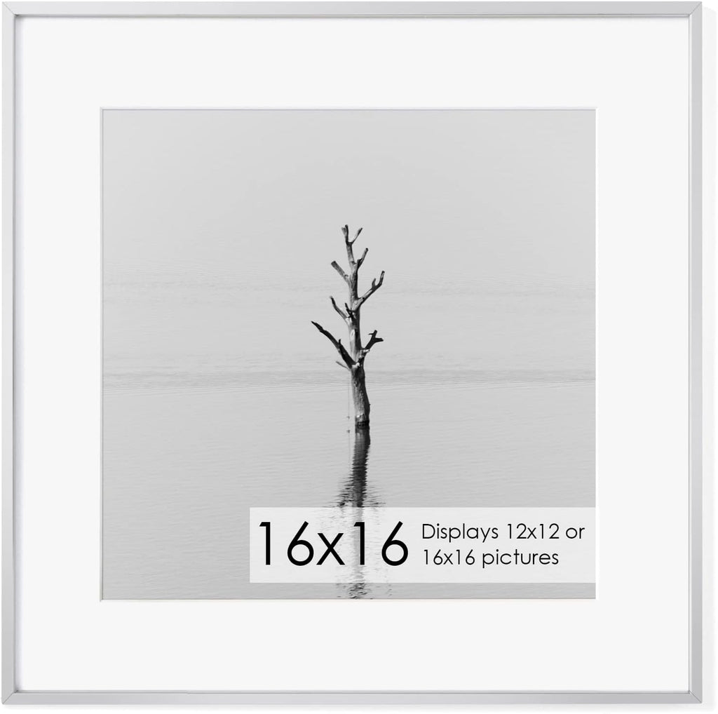 16x16 Metal Picture Frame with 12x12 Mat, Brushed Aluminum Finish, Tempered Glass Front, and Attached Hanging Hardware - Versatile Wall Display Frames for Vertical or Horizontal Orientation - Sliver