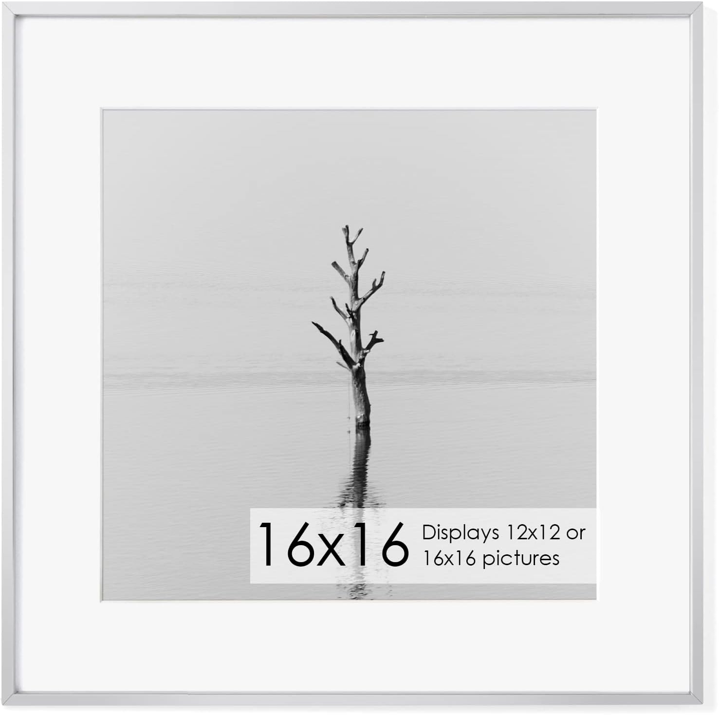 16x16 Metal Picture Frame with 12x12 Mat, Brushed Aluminum Finish, Tempered Glass Front, and Attached Hanging Hardware - Versatile Wall Display Frames for Vertical or Horizontal Orientation - Sliver