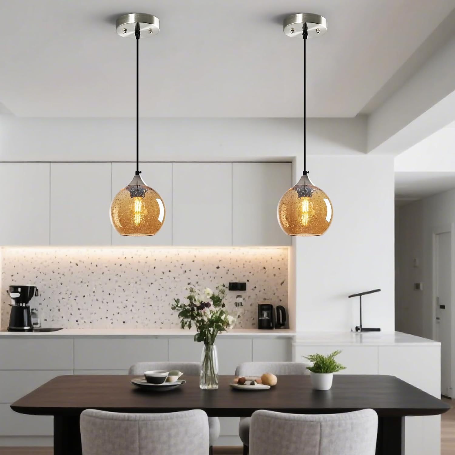 Amber Glass Pendant Lights Kitchen Island Globe Pendant Light Fixtures Modern Pendant Lighting for Bedroom Living Dining Room Light Fixture (5.9 in, 1 Pack)