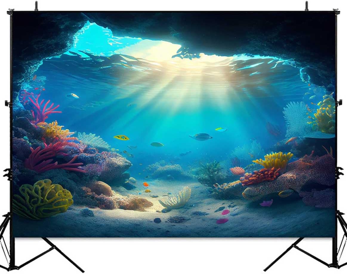 Sensfun 7x5ft Under The Sea Backdrop Ocean Deep Blue Underwater Cave Fish Coral Sunlight Photography Background Boys Birthday Baby Shower Party Decorations Banner Photo Studio Booth Props