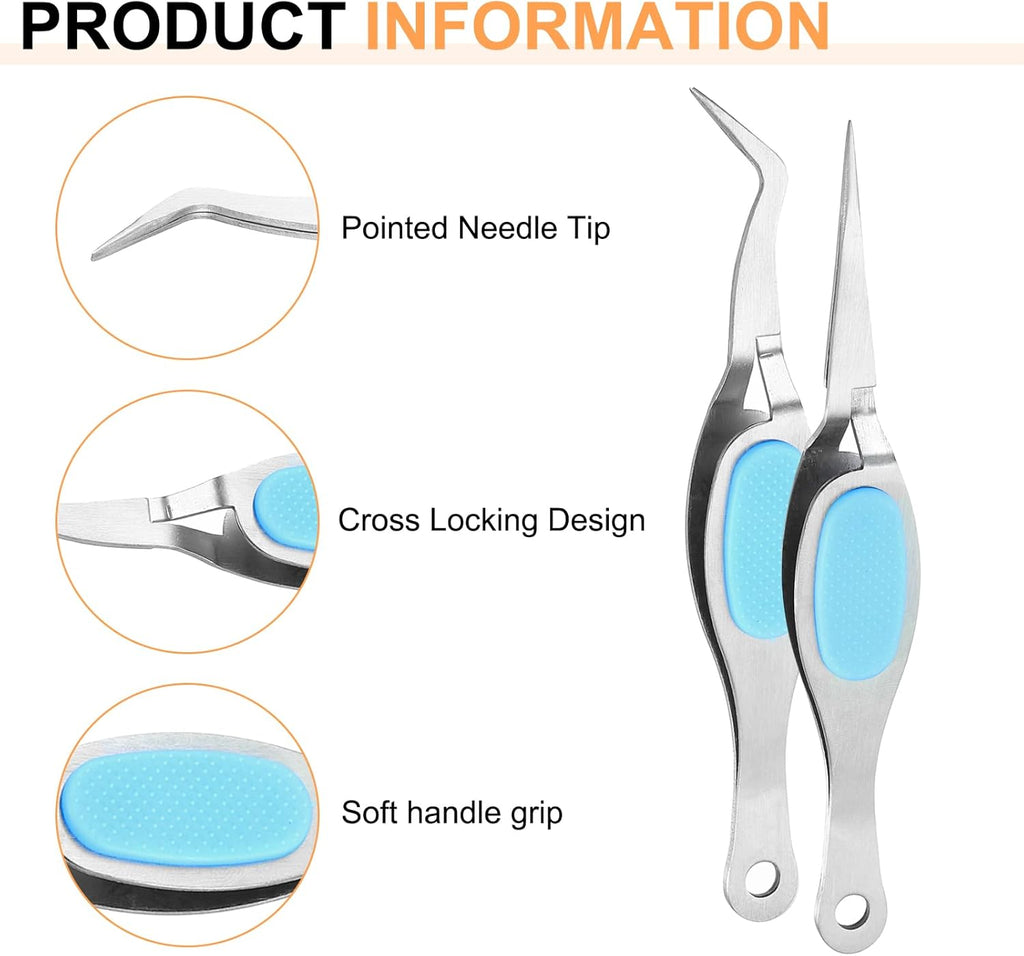 HARFINGTON 2pcs Craft Tweezers Precision Crossing Lock Curved Straight Stainless Steel Soft Reverse Grip Fine Tip Tweezers for DIY Craft Jewelry Beading Electronics, Silver Blue