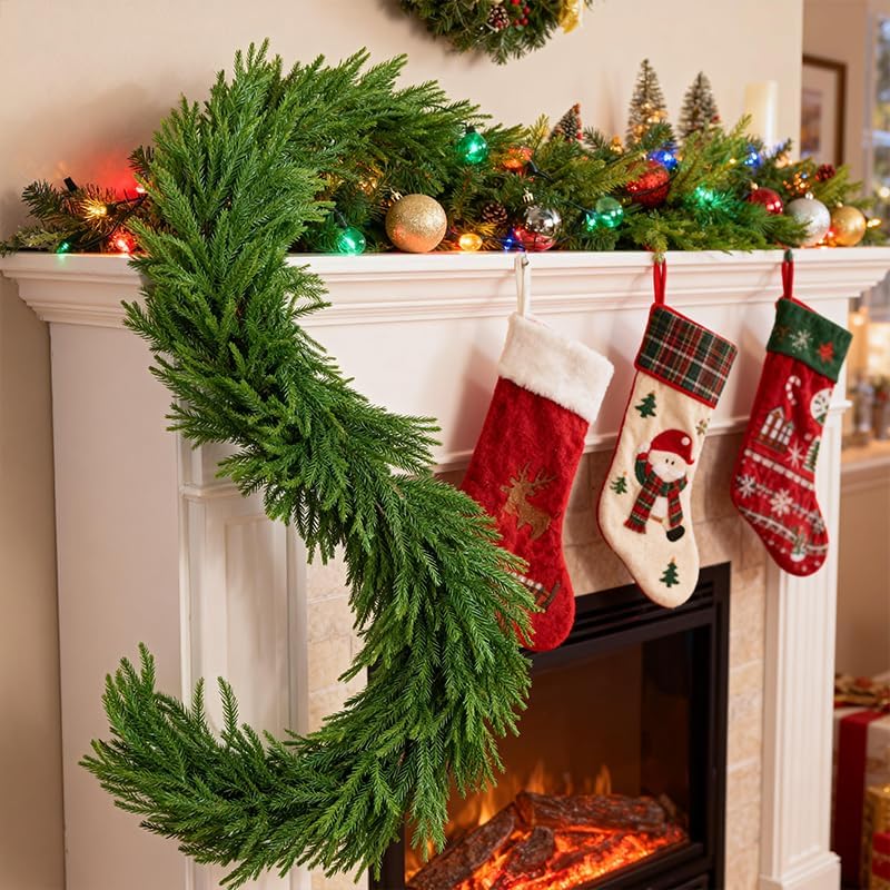 9 FT Artificial Norfolk Pine Garland, Real Touch Dense Faux Greenery Garland for Mantle, Table, Wall, Indoor & Outdoor Christmas Decorations, Christmas Garland