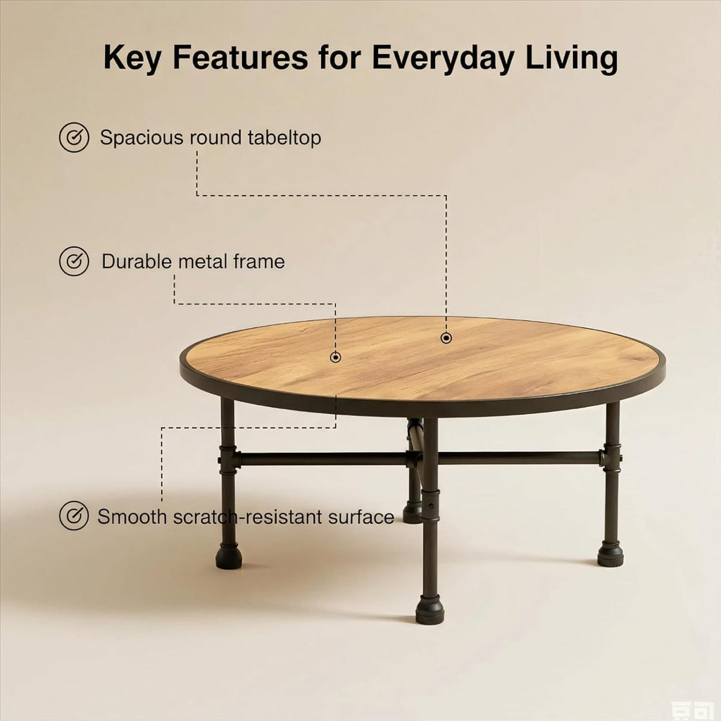 Industrial Round Coffee Table, Circle Wood Pottery Barn Coffee Table with Heavy Duty Metal Pipes Legs, Accent Cocktail Table Center Table with Open Shelf Storage for Living Room Home
