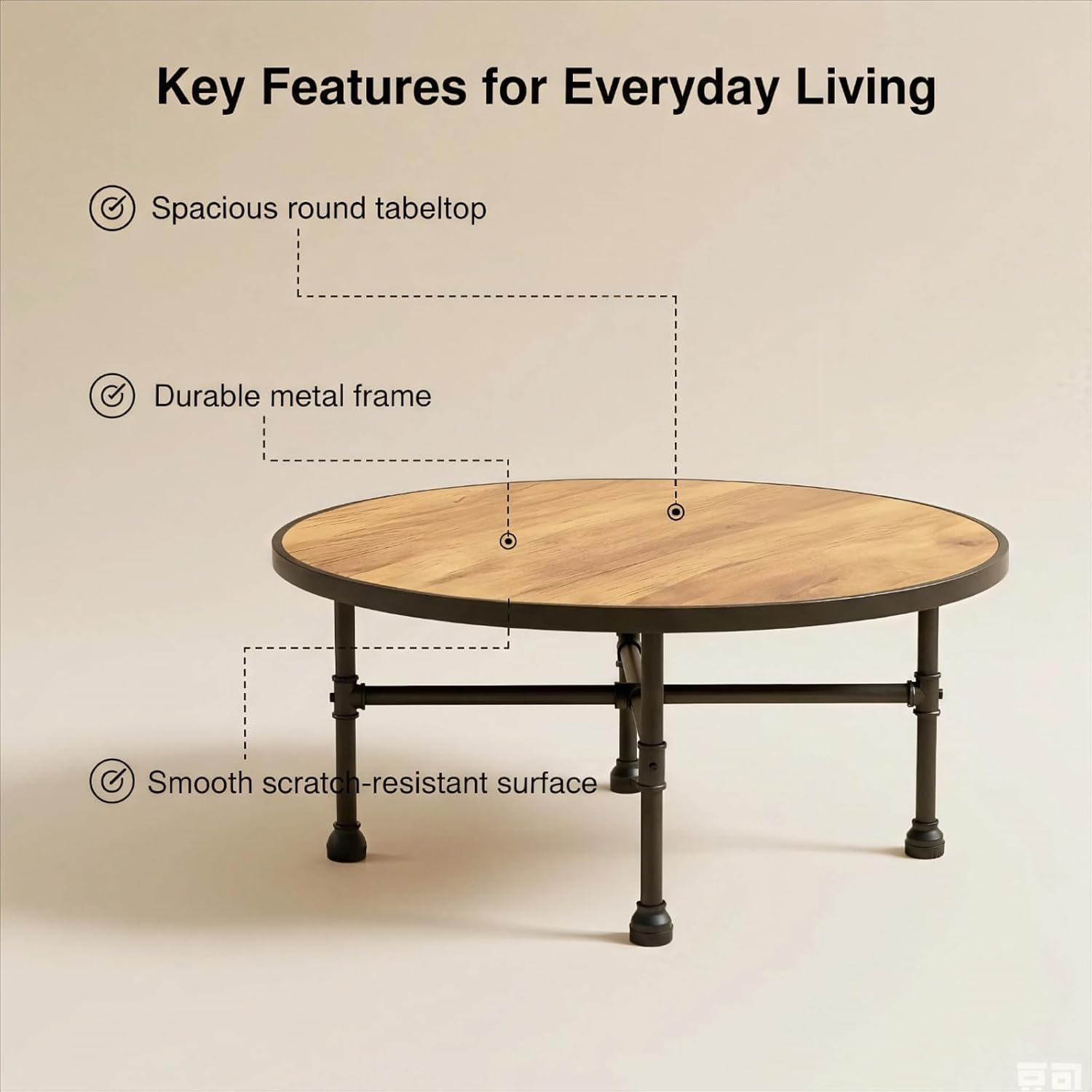 Industrial Round Coffee Table, Circle Wood Pottery Barn Coffee Table with Heavy Duty Metal Pipes Legs, Accent Cocktail Table Center Table with Open Shelf Storage for Living Room Home