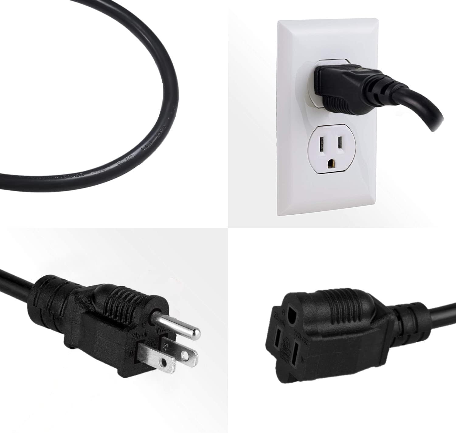 2-Pack 3ft Extension Cord Outdoor 16 SJTW AWG Heavy Duty Power Cord 3 Prong, NEMA 5-15P to NEMA 5-15R, Power Cable for Indoor and Outdoor Use, ETL Listed