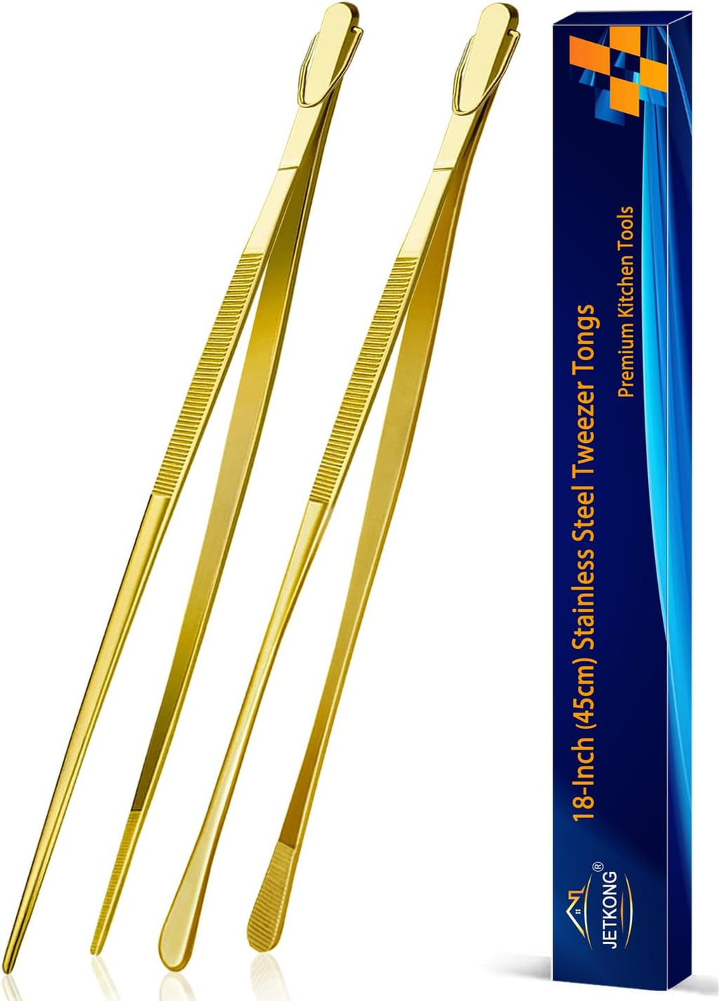 JETKONG 2 Pcs 18 Inch (45cm) Stainless Steel Grill Tongs Heavy Duty Giant Tweezer Tongs, Extra Large Tweezers Tools for Cooking, Grilling, BBQ and Turning Food (Gold)