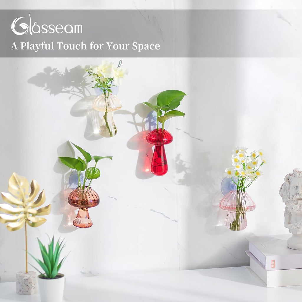 Glasseam Window Propagation Stations, 4Pcs Colored Mushroom Propagation Vases with Suckion Cups, Glass Wall Hanging Planter Terrariums for Flowers, Cute Indoor Small Plant Holder Gifts for Women