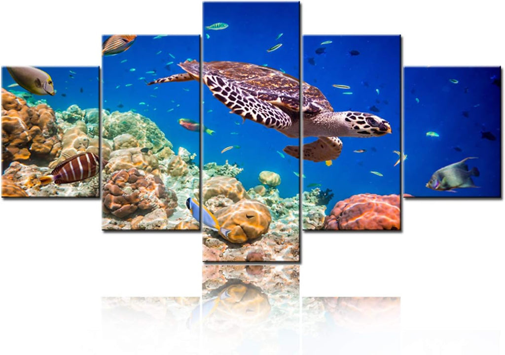 Sea Turtle Paintings Multi Panel Wall Art Underwater World Pictures Coral Reef Fish Artwork Printed on Canvas for Living Room Modern House Decor Stretched Framed Giclee Ready to Hang(60''Wx32''H)