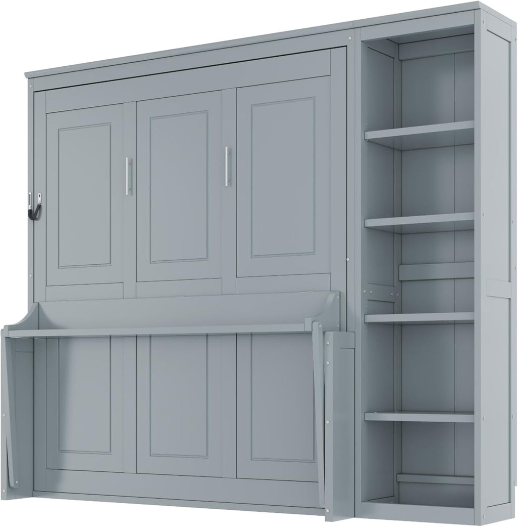 MERITLINE Full Murphy Bed with Desk and Storage Shelves,Wood Hideaway Murphy Wall Bed with Storage Bookcase for Adults (Grey,Full)