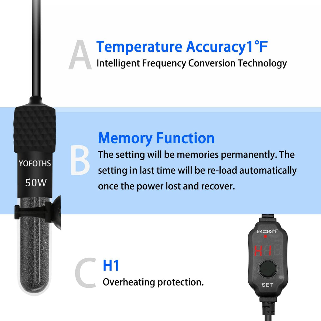 Adjustable Mini Aquarium Heater 5-10 Gallons Submersible Small Fish Tank Heater 50W Digital Display Thermostat External Temperature Controller (50W)