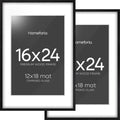 Homeforia 16x24 Black Wood Frame, High End Oak 16x24 Picture Frames with Mat 12x18 Photo, 16 x 24 Wooden Poster Frame Matted to 12 by 18 Print, 24x16 Hanging Frames, Tempered Glass, Wall Kit, Set of 2
