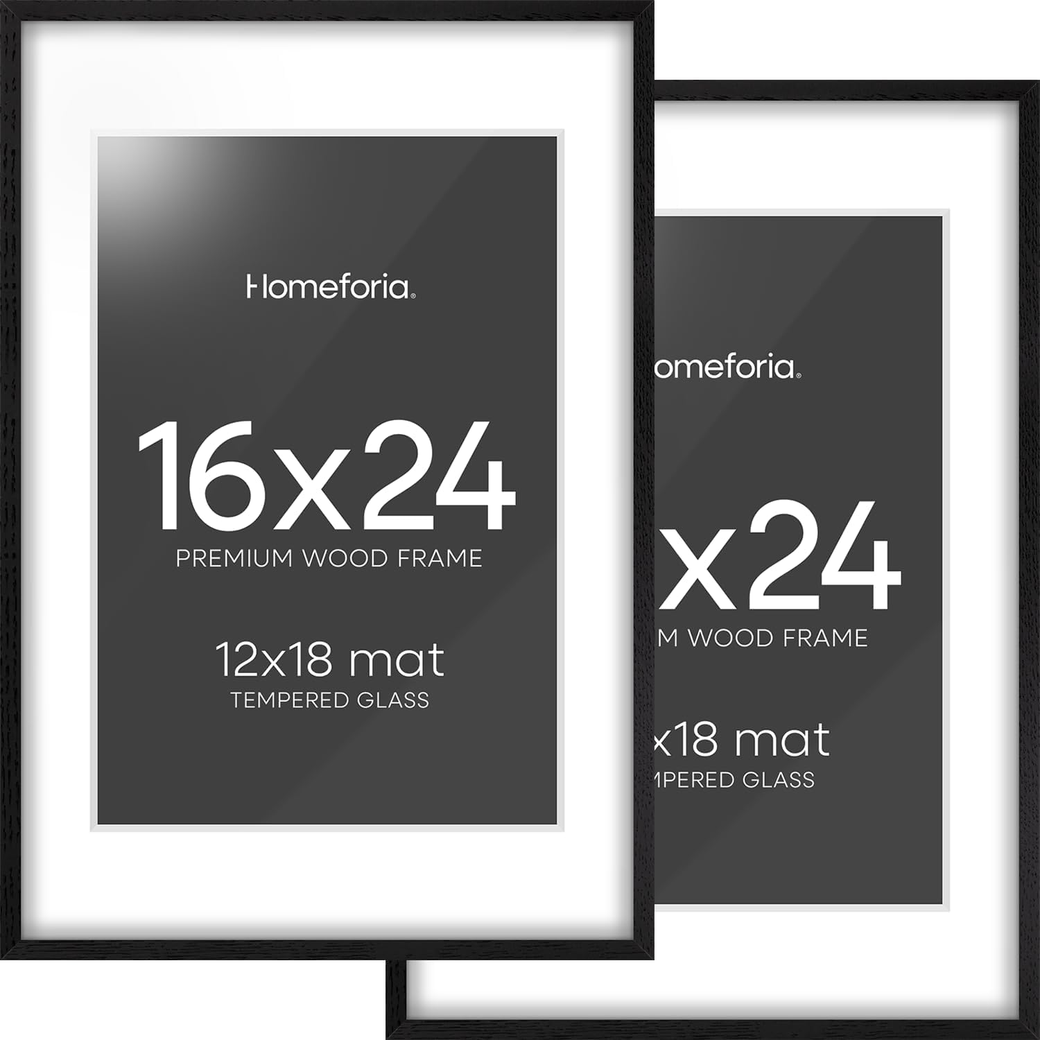 Homeforia 16x24 Black Wood Frame, High End Oak 16x24 Picture Frames with Mat 12x18 Photo, 16 x 24 Wooden Poster Frame Matted to 12 by 18 Print, 24x16 Hanging Frames, Tempered Glass, Wall Kit, Set of 2