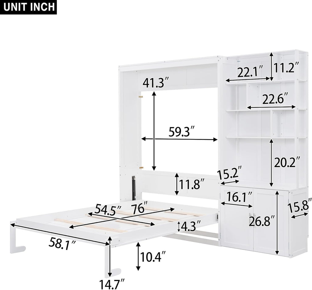 MERITLINE Full Murphy Bed with Storage Bookcase Shelves and Cabinet,Wood Folding Murphy Wall Bed Cabinet for Adults,White