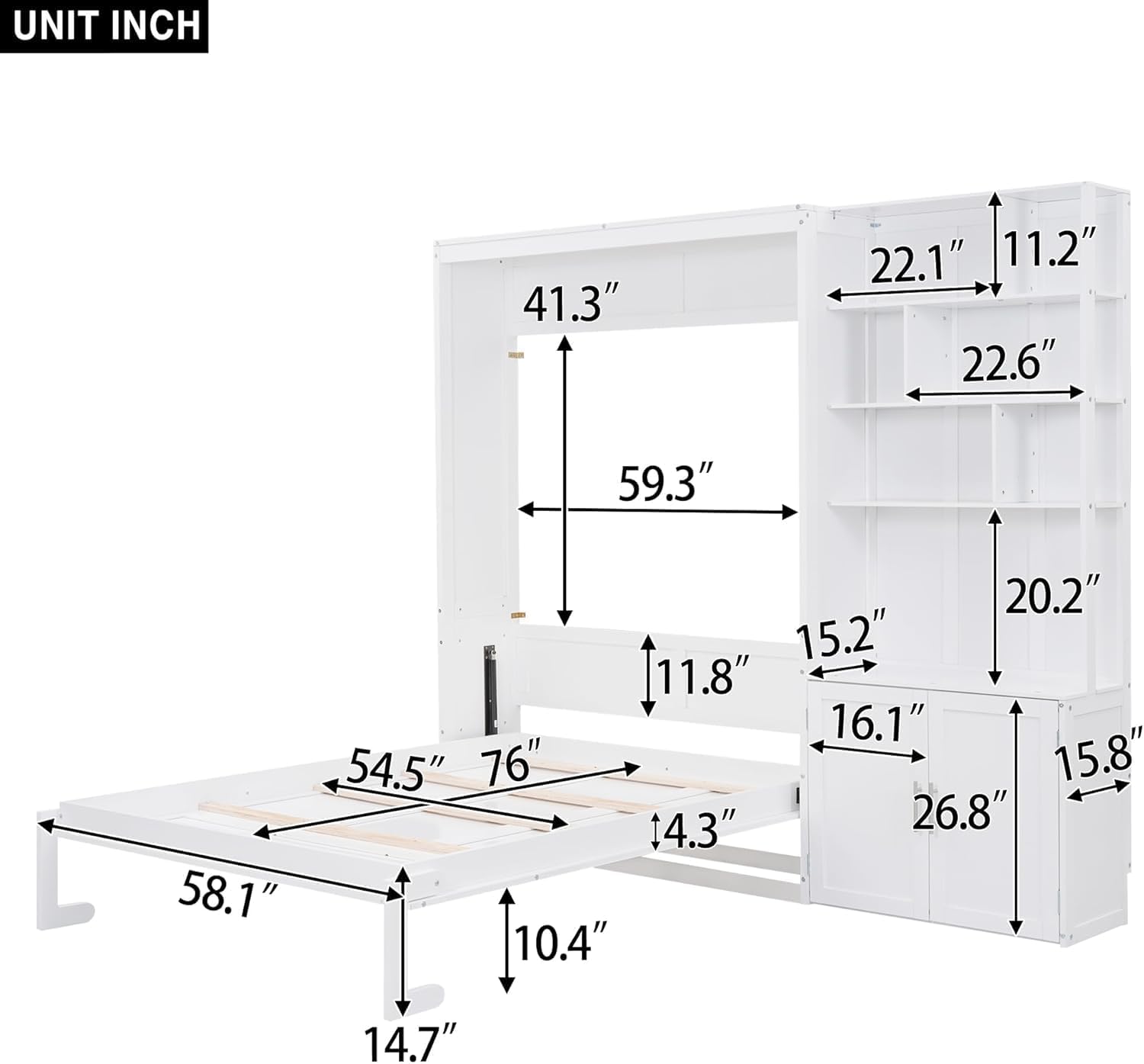 MERITLINE Full Murphy Bed with Storage Bookcase Shelves and Cabinet,Wood Folding Murphy Wall Bed Cabinet for Adults,White