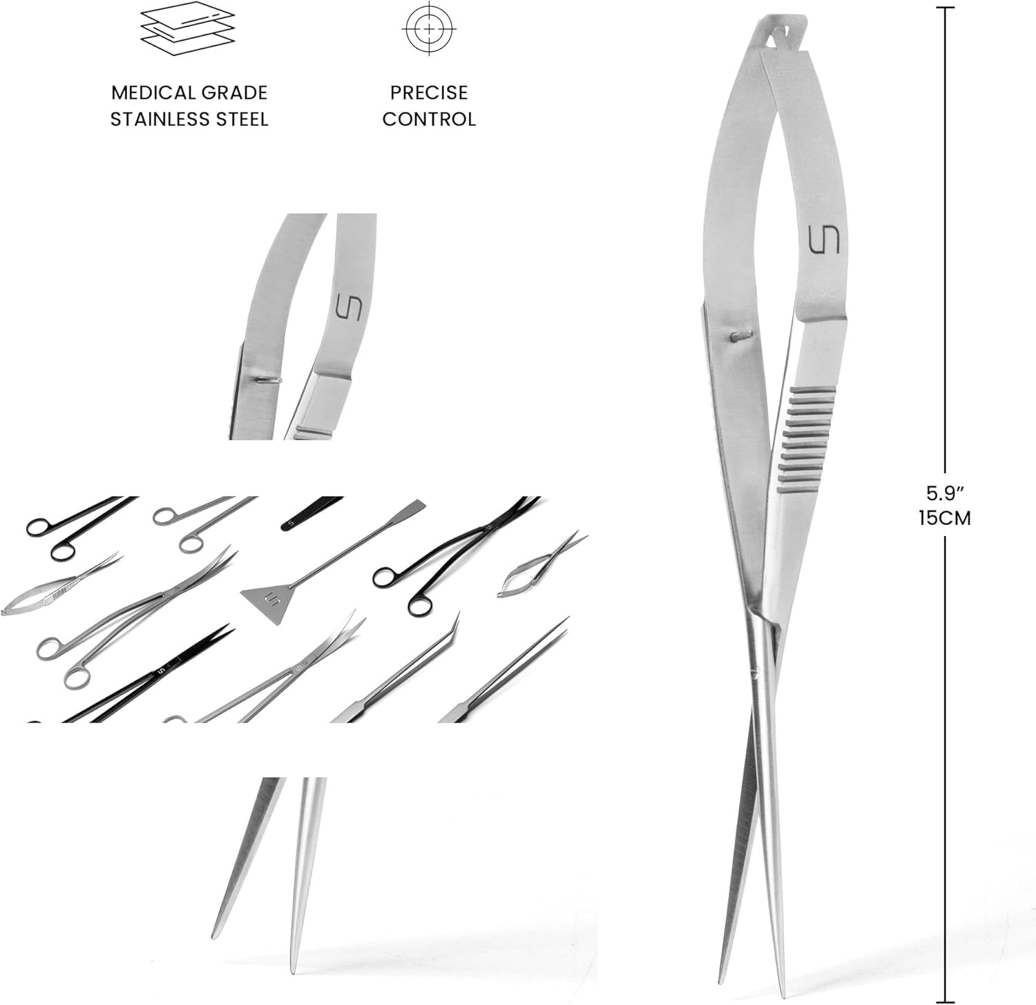 UNS Aquascaping Tools - Stainless Steel Rust Resistant Freshwater Planted Tank Saltwater Reef Aquarium Maintenance Accessory - Trimming Stem & Carpets, Coral Cutting - Straight Spring Scissors, Silver