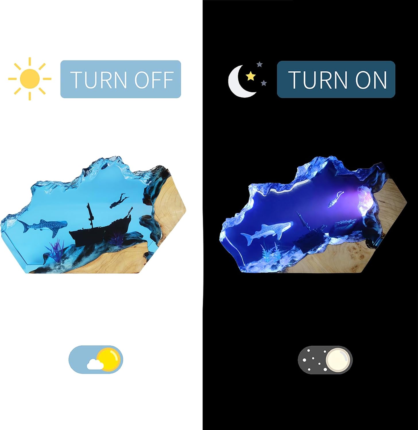 Epoxy Resin Lamp, Ocean Night Light,Artistry Home Decor Bedside Nightlight, Unique Resin Lighting, Nightstand Decorations for Bedroom, Suitable for Holidays(Sunken Boat)