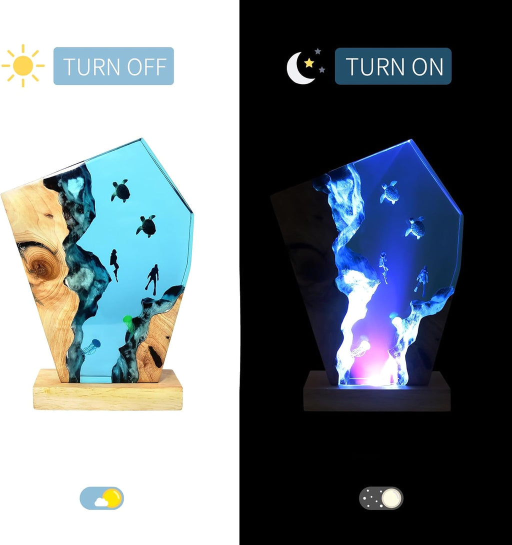 Epoxy Resin Sea Turtle Lamp, Diver Ocean Lamp,Handmade Home Decor Bedside Nightlight, Unique Resin Lighting, Nightstand Decorations for Bedroom, Suitable for Holidays(Sea Turtles & Divers)