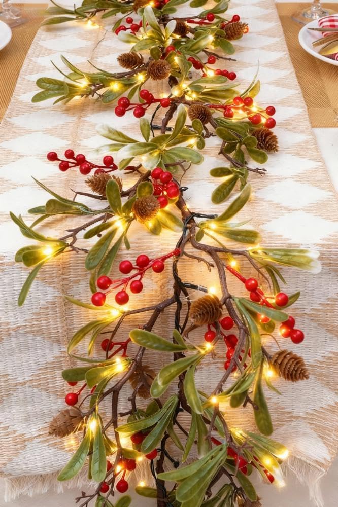 6.5FT Christmas Garland with Star Lights,Prelit Christmas Decorations,Lighted Garland with Battery Operated,Denser Realistic Olive Leaves Greenery Home Decor for Mantle Fireplace Table Indoor Outdoor