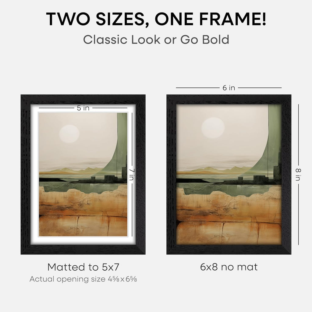 Homeforia 8x6 Black Wood Frame, High End Oak 6x8 Black Wooden Picture Frames with Mat 5x7 Art, 6 x 8 Frame Matted to 5 by 7 inch Photo, 6x8 Wall or Tabletop Frames, Tempered Glass, Wall Kit, Set of 2