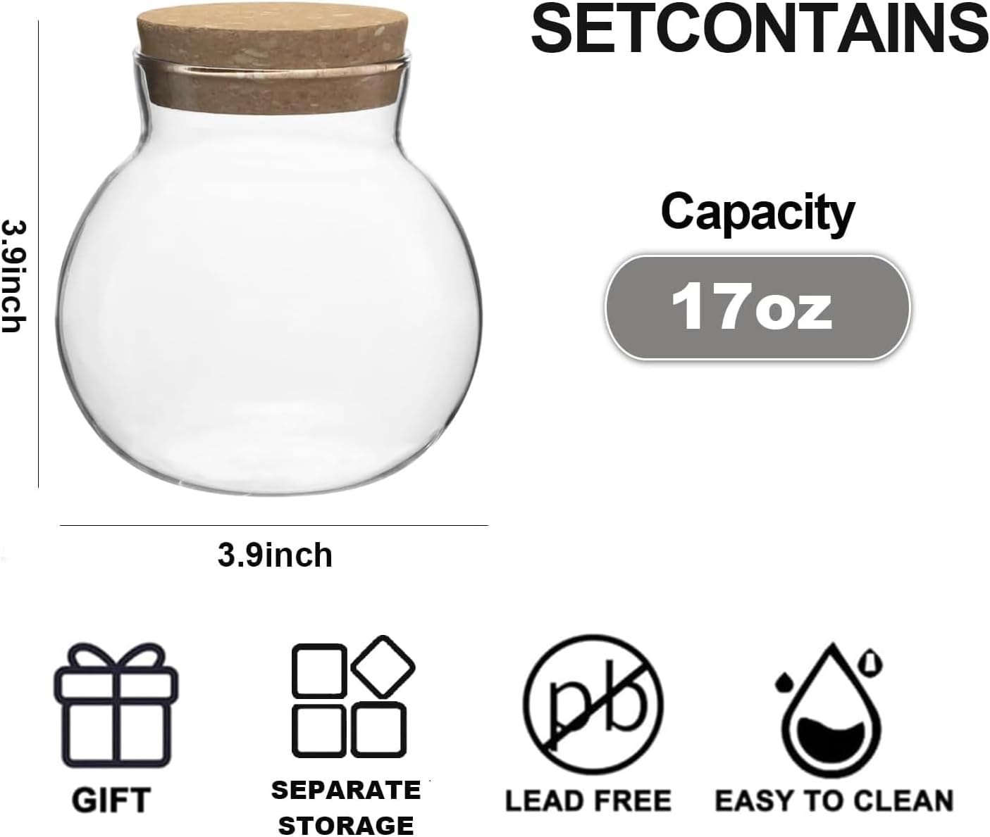 17oz Glass Jars with Airtight Cork Lids,Wedding Candy Jar,Glass Storage Jars Great Ideal for Kitchen Storage, Tea, Biscuits, Cereals, Flour, Beans, Spices, Coffee Beans (4)