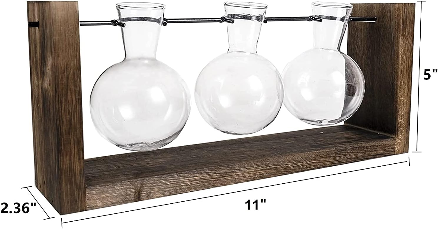 Kingbuy Plant Terrarium with Wooden Stand, Glass Planter Desktop Propagation 3 Bulb Vase Metal Holder Retro Rack for Hydropoincs Plants Home Office Decor, Brown