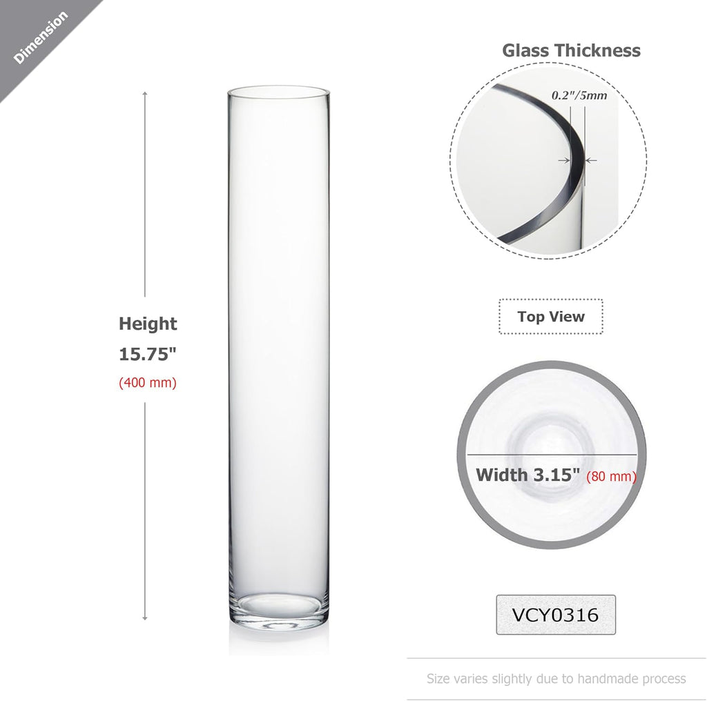 WGVI Quality Thick Weighted Clear Cylinder Glass Vases, 3" W x 16" H, Skinny Bud Tall Vase Floral Bouquet Flower Arrangements Wedding Centerpieces Container Candle Holders Home Decor, 1 Piece