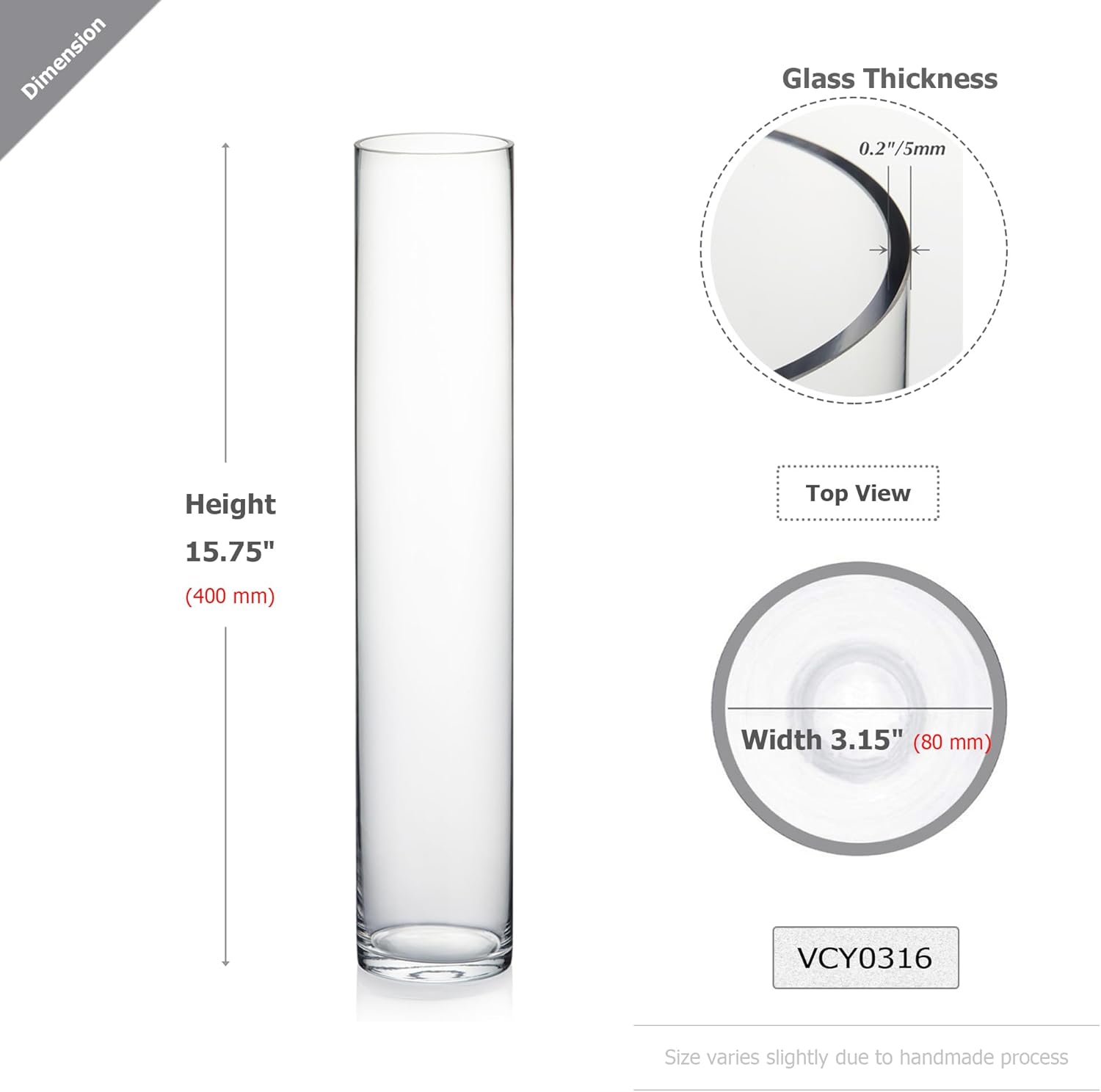 WGVI Quality Thick Weighted Tall Clear Cylinder Glass Vase, 3" W x 16" H, Flower Arrangement Candle Holder Floral Container Wedding Centerpieces Home Decor Bulk Wholesale, 6 Pieces