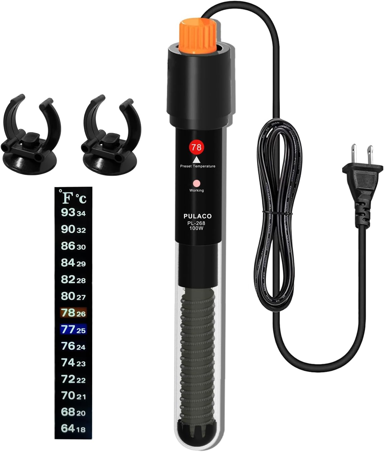 PULACO 100Watt Aquarium Heater for 10-20gallon Fish Tank, Adjustable Submersible Heater Thermostat with Thermometer Strip and Suction Cup