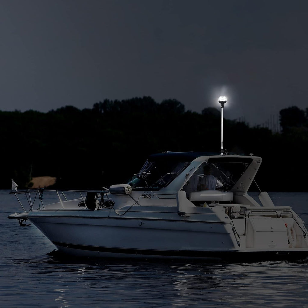 Boat Stern Light Anchor Light LED Marine Navigation Lights Spring Flexible Pole All Round White USCG 2 NM Removable 2 Pin Plug In with Threaded Base 12 Volts 36 Inches (Anodized Aluminum Pole)