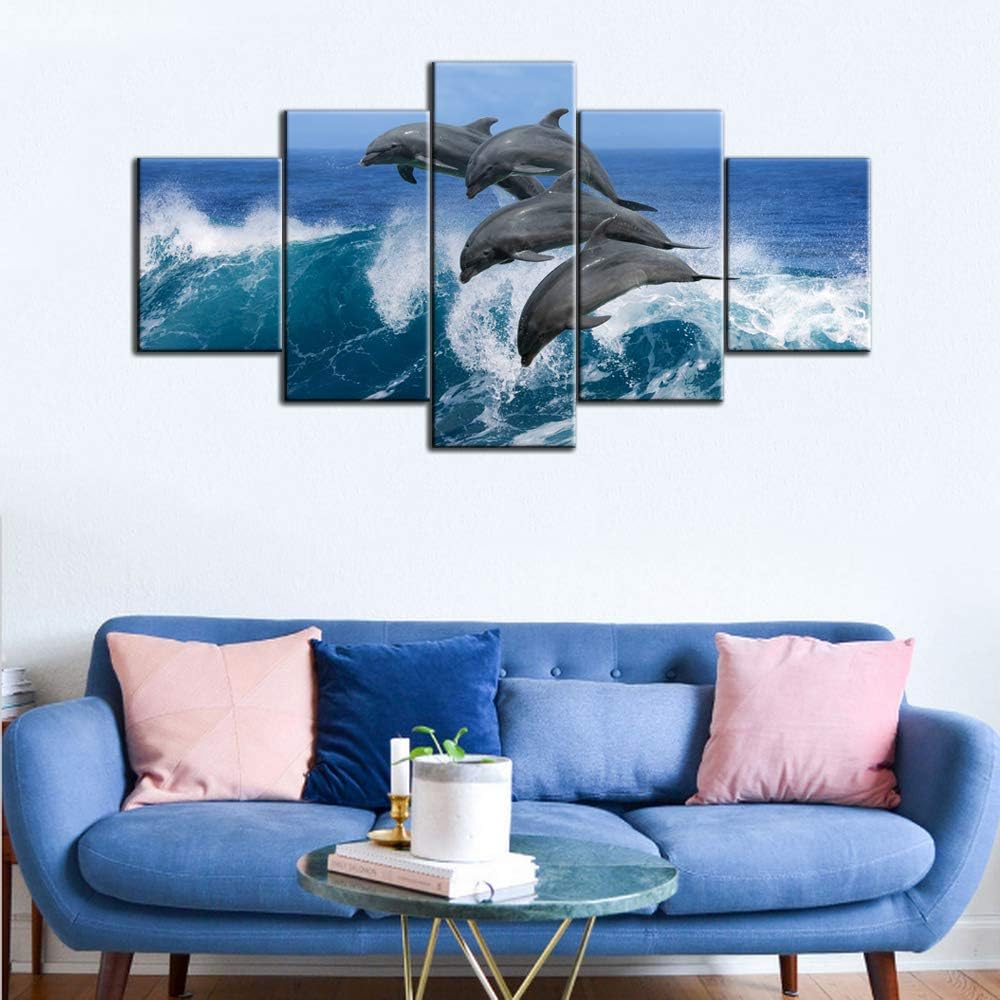 Living Room Decorations Marine Animals Dolphins Pictures Seascape Wall Art 5 Panel Printed on Canvas Artwork for Home Contemporary Paintings Framed Gallery-Wrapped Ready to Hang(60''Wx32''H)