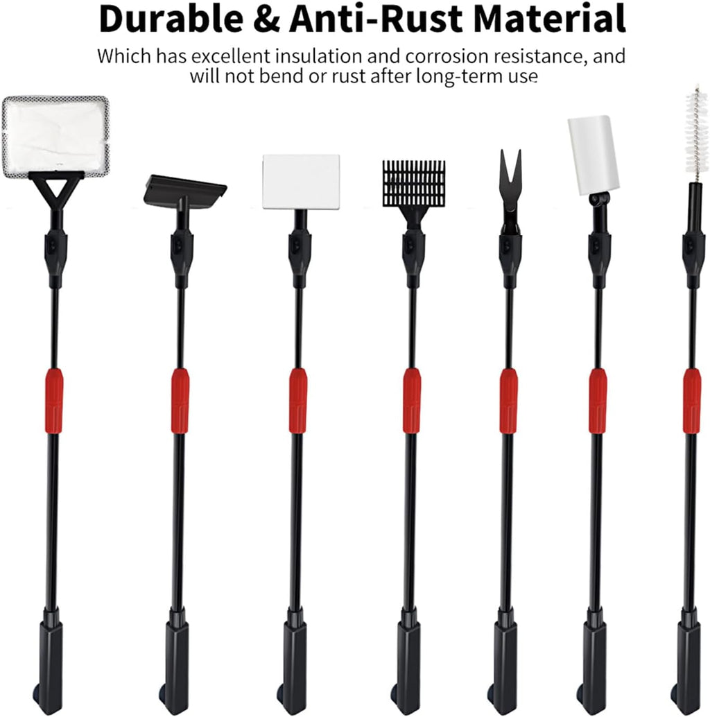 Aquarium Cleaning Tools, 7 in 1 Fish Tank Cleaning Kit with Adjustable Long Handle,Aquarium Sponge Brush, Scraper Cleaner,Fish Net,Tube Brush,Fork,Gravel Rake for Fish Tank Cleaner