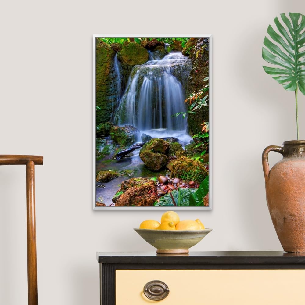 CANVAS ON DEMAND Waterfall in Tropical Rainforest of Fairchild Tropical Gardens, White Float Framed Canvas Wall Art Print, Home Decor, Floral, Flowers, Nature Artwork, 16" x24in