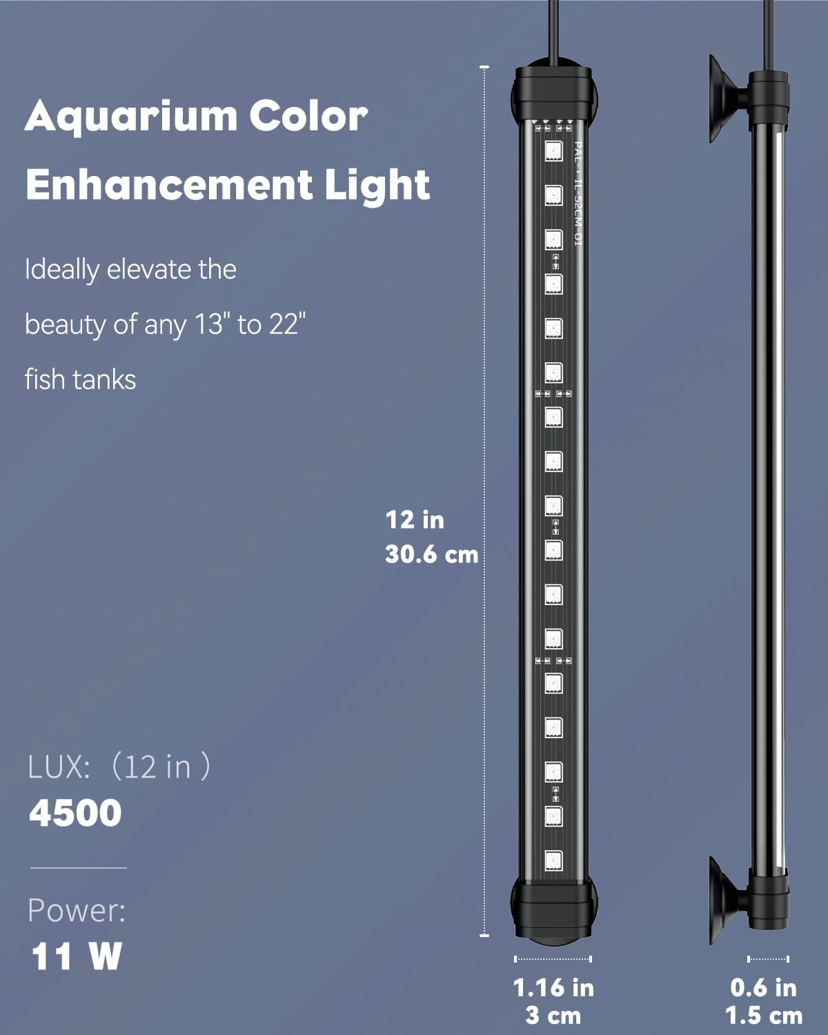 Pawfly 12 Inch 11 W Aquarium Color Enhancement Light for 13" to 22" Fish Tanks IPX8 Waterproof Aquarium LED Light Brilliant RGB Lights with 7 Single Color Effects Timer & Adjustable Brightness