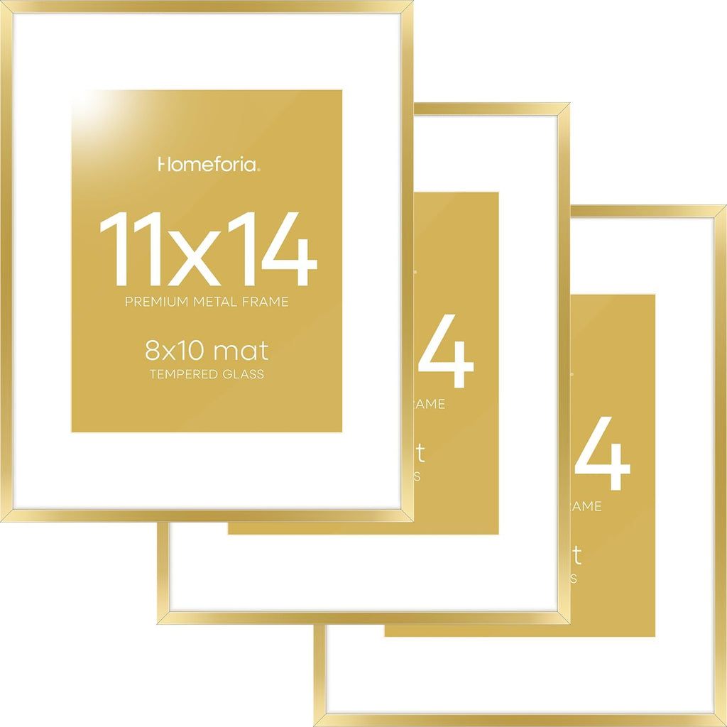 Homeforia 11x14 Picture Frame Gold, High End Metal 11x14 Poster Frames with Mat for 8x10, 11 x 14 Gold Frame Matted to 8 x 10 inch Photo, 11by14 Thin Hanging Frames, Tempered Glass, Wall Kit, Set of 3
