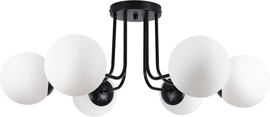 KoKo&Yukina 6-Light Modern Semi Flush Mount Ceiling Light Fixture Mid Century Ceilings Lights Globe Ceiling with Milk Glass Shade Matte Black Finish for Bedroom Hallway Dining Room Living Room