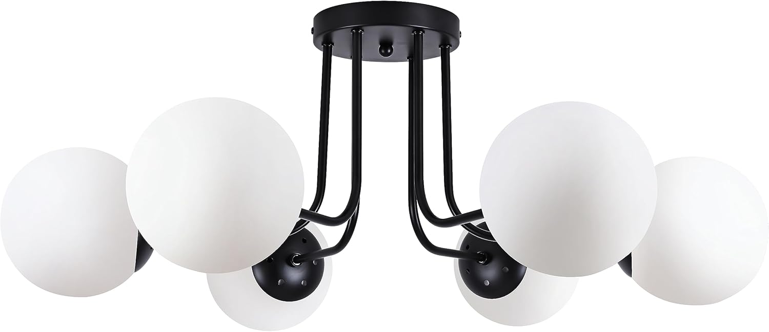 KoKo&Yukina 6-Light Modern Semi Flush Mount Ceiling Light Fixture Mid Century Ceilings Lights Globe Ceiling with Milk Glass Shade Matte Black Finish for Bedroom Hallway Dining Room Living Room