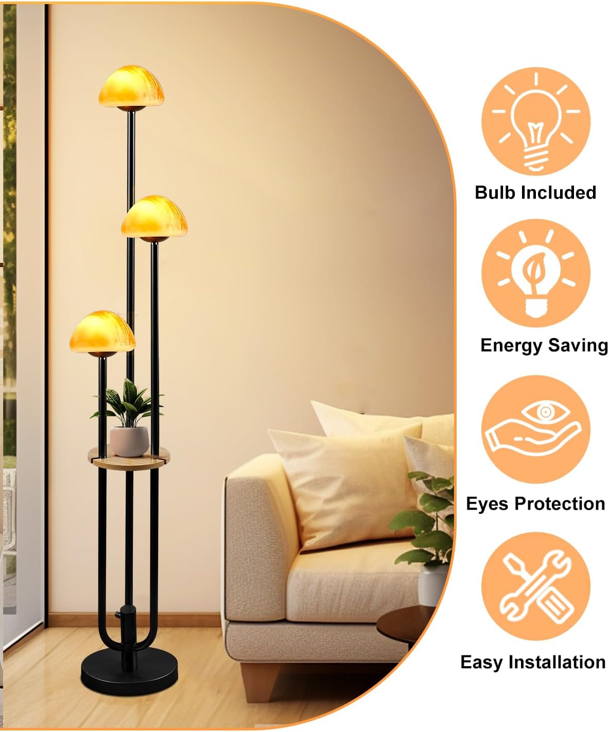 Lightdot Black Dimmable Floor Lamp with Table, Modern Floor Lamps for Living Room, 3000K Warm Lights Tall Standing Lamp with Mushroom Shades & Bulbs for Bedroom/Office