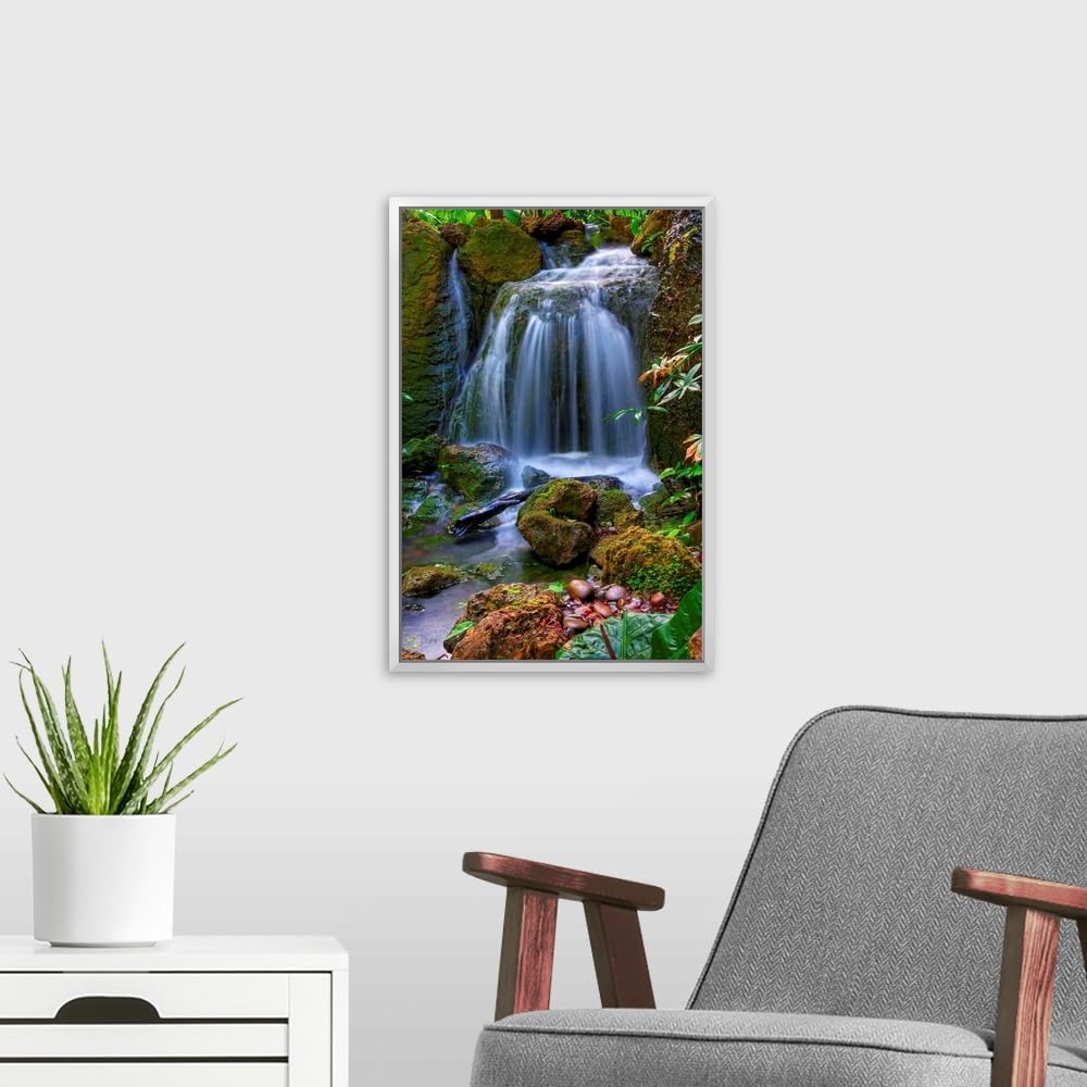 CANVAS ON DEMAND Waterfall in Tropical Rainforest of Fairchild Tropical Gardens, White Float Framed Canvas Wall Art Print, Home Decor, Floral, Flowers, Nature Artwork, 12" x18in